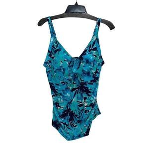 L.L Bean Womens Floral‎ V-Neck Slimming One-Piece Swimsuit Aqua Size 20W Plus